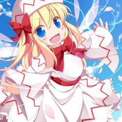 Rule 34 | 1girl, blonde hair, blue eyes, blue sky, blush stickers, bow, capelet, cloud, day, dress, fairy, hat, hat bow, lily white, long hair, long sleeves, looking at viewer, nikku (ra), open mouth, outstretched arms, petals, revision, sash, sky, smile, solo, touhou, white dress, wide sleeves