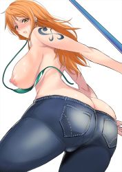 Rule 34 | 1girl, ass, bare shoulders, bikini, bikini top only, blush, breasts, butt crack, denim, earrings, highres, huge ass, jeans, jewelry, kawabata yoshihiro, large breasts, long hair, looking at viewer, looking down, nami (one piece), nipples, one piece, open mouth, orange eyes, orange hair, pants, shiny skin, sideboob, smile, solo, staff, swimsuit, tattoo