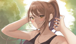 Rule 34 | 1girl, arm up, asymmetrical bangs, bare shoulders, beatrix (granblue fantasy), black tank top, blush, breasts, brown eyes, brown hair, cleavage, closed mouth, granblue fantasy, high ponytail, highres, large breasts, ponytail, renzu (lens 02), sidelocks, smile, sweat, tank top