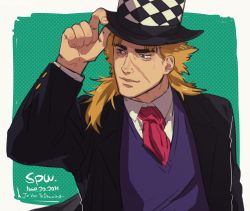 Rule 34 | 1boy, adjusting clothes, adjusting headwear, bad id, bad pixiv id, blonde hair, coat, dated, scar on face, grey eyes, hat, highres, jojo no kimyou na bouken, long hair, looking to the side, male focus, messy hair, onomaueki, robert e. o. speedwagon, scar, scar on cheek, scar on face, smile, solo, sweater vest, top hat, upper body