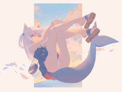 Rule 34 | 1girl, absurdres, animal ears, ass, bag, cat ears, fins, fish tail, gawr gura, gawr gura (casual), handbag, highres, hololive, hololive english, legs, looking at viewer, midori xu, official alternate costume, open mouth, panties, pantyshot, sandals, shark girl, shark tail, simple background, solo, tail, underwear, virtual youtuber, white hair, white panties