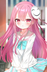 Rule 34 | 1girl, absurdres, alternate costume, blue bow, blue bowtie, blue skirt, blurry, blurry background, blush, bow, bowtie, chalkboard, commentary request, door, eyelashes, eyes visible through hair, hair between eyes, hair ribbon, hata no kokoro, highres, long hair, long sleeves, looking at viewer, mask, multicolored clothes, multicolored skirt, okome2028, open mouth, outdoors, pink eyes, pink hair, pink skirt, plaid, plaid skirt, pom pom (clothes), puffy long sleeves, puffy sleeves, purple ribbon, ribbon, sailor collar, school, school uniform, serafuku, shirt, sidelocks, skirt, solo, standing, touhou, wall, white shirt, white skirt, window