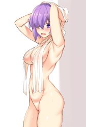 Rule 34 | 1girl, armpits, arms behind head, arms up, blush, breasts, commentary request, convenient censoring, fate/grand order, fate (series), hair over one eye, highres, hip focus, large breasts, looking at viewer, mash kyrielight, navel, nude, open mouth, purple eyes, purple hair, shirokuma a, short hair, solo, standing, thighs, towel, towel around neck, towel over breasts, white background