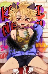 Rule 34 | 1boy, absurdres, animal ears, bandages, black choker, black ears, blonde hair, blush, camouflage, camouflage shirt, cat ears, choker, commission, earrings, fangs, fur trim, highres, indie virtual youtuber, jacket, jewelry, kainen, kayupon, looking at viewer, male focus, money, open mouth, purple jacket, red eyes, shirt, skeb commission, solo, sweatdrop, tongue, tongue out, trap, virtual youtuber