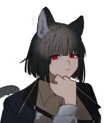 Rule 34 | 1girl, animal ears, black coat, black hair, bob cut, cat ears, cat girl, cat tail, coat, collared shirt, commentary, hand on own chin, limbus company, moth ram, open clothes, open coat, project moon, red eyes, ryoshu (project moon), shirt, simple background, solo focus, symbol-only commentary, tail, white background, white shirt