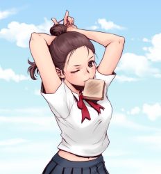 Rule 34 | 1girl, adjusting hair, arms up, blue sky, bread slice, brown hair, cloud, day, food, food in mouth, gradient background, jasmin darnell, mouth hold, one eye closed, original, outdoors, pleated skirt, skirt, sky, solo, toast, toast in mouth, tying hair