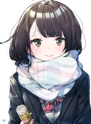 Rule 34 | 1girl, absurdres, black hair, blazer, bow, bowtie, brown eyes, can, closed mouth, drink can, enpera, giving, highres, holding, jacket, long sleeves, looking at viewer, mole, mole under eye, original, plaid, plaid scarf, scarf, school uniform, signature, simple background, smile, soda can, solo, striped bow, striped bowtie, striped clothes, striped neckwear, takenoko no you, upper body, white background