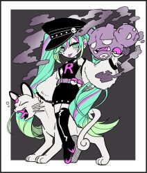 Rule 34 | 1girl, :p, aqua eyes, aqua hair, belt, black dress, black footwear, black pants, boots, closed eyes, clothes writing, creatures (company), dress, fangs, fangs out, fukuhuku, full body, game freak, gen 1 pokemon, green hair, grey background, hair between eyes, hat, hatsune miku, highres, holding, holding poke ball, jacket, limited palette, long hair, looking at viewer, miku day, multicolored hair, nintendo, off shoulder, open clothes, open jacket, open mouth, outside border, outstretched arms, pants, peaked cap, persian (pokemon), pink hair, poke ball, pokemon, pokemon (creature), project voltage, ringed eyes, sleeveless, smile, smoke, squeans, standing, streaked hair, team rocket, team rocket uniform, thigh boots, thighhighs, tongue, tongue out, twintails, very long hair, vocaloid, weezing, yawning, zettai ryouiki