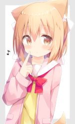 Rule 34 | 1girl, absurdres, animal ear fluff, animal ears, blush, bow, brown eyes, closed mouth, commentary request, eighth note, grey background, hair between eyes, hair bow, hand up, highres, index finger raised, jacket, light brown hair, looking at viewer, miike-chan, musical note, nakkar, open clothes, open jacket, original, outline, pink jacket, red bow, shirt, solo, tail, two-tone background, upper body, white background, white bow, white outline, yellow shirt