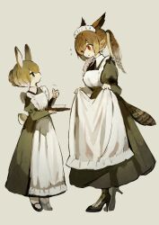 Rule 34 | 2girls, absurdres, animal ears, apron, apron lift, bird tail, black dress, black eyes, black footwear, blush, breasts, brown hair, clothes lift, collared dress, commentary request, dot mouth, dress, hair between eyes, high heels, highres, holding, holding plate, looking at another, maid, maid headdress, medium breasts, multicolored hair, multiple girls, original, owl ears, owl girl, plate, ponytail, rabbit ears, rabbit girl, rabbit tail, red eyes, sakutake (ue3sayu), short hair, smile, tail, thumbs up