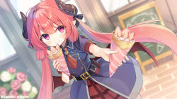 Rule 34 | 1girl, belt, belt pouch, blue archive, blurry, blurry background, blush, commentary request, food, halo, highres, horns, incoming food, junko (blue archive), military, military uniform, offering, pouch, red eyes, red hair, shirai tanuki, smile, solo, twintails, uniform, wings