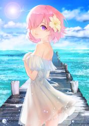 Rule 34 | 1girl, absurdres, bare shoulders, breasts, cloud, cloudy sky, commentary request, day, dress, fate/grand order, fate (series), flower, from side, hair flower, hair ornament, hair over one eye, highres, large breasts, light purple hair, looking at viewer, mash kyrielight, mash kyrielight (formal dress), ocean, official alternate costume, outdoors, parted lips, pink hair, sabl (yufg8873), short sleeves, sky, smile, solo, sun, white dress, yellow flower