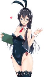 Rule 34 | 1girl, animal ears, bad id, bad twitter id, black hair, black leotard, breasts, brown thighhighs, clipboard, commentary request, detached collar, fake animal ears, hairband, highres, kantai collection, leotard, long hair, necktie, ooyodo (kancolle), open palm, playboy bunny, rabbit ears, rabbit tail, red necktie, semi-rimless eyewear, simple background, small breasts, solo, standing, strapless, strapless leotard, tail, takaharu, thighhighs, under-rim eyewear, white background, wrist cuffs