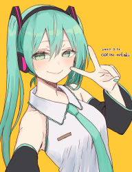 Rule 34 | 1girl, aqua eyes, aqua hair, bare shoulders, blue necktie, blush, breasts, closed mouth, detached sleeves, foreshortening, hair between eyes, hand up, hatsune miku, highres, lin oekaki, long hair, looking at viewer, medium breasts, nail polish, necktie, orange background, smile, solo, twintails, upper body, v, vocaloid