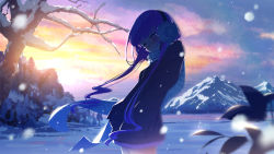 Rule 34 | 1girl, backlighting, bare tree, black jacket, blunt bangs, blurry, blurry foreground, blush, breasts, clenched teeth, closed eyes, cloud, cluseller, cold, cowboy shot, day, earmuffs, fang, female focus, gradient sky, hands in pockets, highres, jacket, long hair, long sleeves, mountain, nose blush, orange sky, original, outdoors, pink hair, scarf, sky, small breasts, snow, snowing, solo, standing, sunlight, sunrise, tears, teeth, tree, white scarf, winter clothes