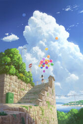Rule 34 | 1girl, absurdres, balloon, bird, black hair, black socks, blue sailor collar, blue skirt, blue sky, chinese commentary, cloud, cloudy sky, commentary request, cyclecircle, dated commentary, day, facing away, fence, grass, highres, hill, kneehighs, lake, lamppost, long hair, moon, original, outdoors, outstretched arms, plant, pleated skirt, power lines, sailor collar, scenery, school uniform, shirt, short sleeves, sign, skirt, sky, socks, solo, spread arms, stairs, standing, tree, utility pole, water, white shirt, wide shot