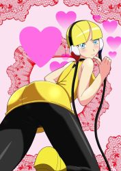 10s 1girl ass bare_shoulders black_pantyhose blonde_hair blue_eyes blunt_bangs blush bob_cut breasts cable creatures_(company) elesa_(pokemon) from_behind game_freak gym_leader headphones heart high_heels hiromon light_smile looking_at_viewer nintendo panties panties_under_pantyhose pantyhose pokemon pokemon_bw short_hair smile underwear