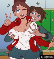 Rule 34 | 1boy, 1girl, age difference, asahina aoi, asahina yuta, blue eyes, blue jacket, blue shorts, blush, breasts, brother and sister, brown hair, cleavage, collarbone, danganronpa: trigger happy havoc, danganronpa (series), danganronpa another episode: ultra despair girls, dark-skinned female, dark-skinned male, dark skin, embarrassed, eyelashes, fingernails, from behind, grabbing, grabbing another&#039;s breast, grabbing from behind, grin, groping, groping breast, hair ornament, hairclip, hand up, hetero, incest, jacket, large breasts, locker, locker room, long hair, long sleeves, looking at another, looking at viewer, medium hair, nipples, nipples through clothes, notsafeforfruit, one eye closed, outstretched arm, outstretched hand, parted hair, pompadorkz, ponytail, red jacket, shirt, shorts, siblings, smile, teeth, third-party edit, tile floor, tiles, upper teeth only, v, white shirt, wink