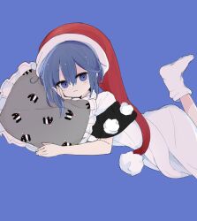 Rule 34 | 1girl, 76gpo, :3, black capelet, blue background, blue eyes, blue hair, capelet, closed mouth, commentary request, doremy sweet, dress, hat, highres, looking at viewer, lying, nightcap, on stomach, pillow, pom pom (clothes), red hat, short hair, simple background, smile, solo, tapir, tapir print, touhou, white dress, white footwear