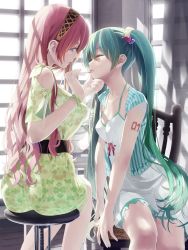 Rule 34 | 2girls, absurdres, aqua hair, ass, blue eyes, breasts, chair, cleavage, dress, closed eyes, hairband, hatsune miku, highres, large breasts, lipstick, long hair, looking at another, makeup, medium breasts, megurine luka, multiple girls, okingjo, pink hair, profile, scrunchie, tattoo, very long hair, vocaloid, window, yuri