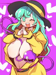 Rule 34 | 1girl, alternate hair length, alternate hairstyle, black hat, breasts, cleavage, commentary, green eyes, green hair, hat, hat ribbon, heart, highres, komeiji koishi, large breasts, long hair, long sleeves, navel, no bra, one eye closed, open mouth, own hands together, pink background, ribbon, sayakata katsumi, simple background, solo, third eye, touhou, yellow ribbon