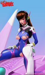 Rule 34 | 1girl, artist name, bodysuit, breast cutout, breasts, brown eyes, brown hair, crotch cutout, d.va (overwatch), facial mark, headphones, highres, lips, nipples, overwatch, overwatch 1, patreon, pussy, sitting, solo, torn clothes, uncensored, watermark, web address, whisker markings