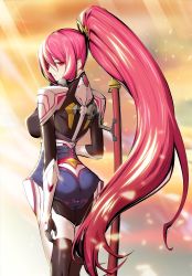 Rule 34 | 1girl, armor, ass, blazblue, blazblue alternative: dark war, bodysuit, breasts, from behind, hair ornament, hair tubes, highres, large breasts, long hair, looking at viewer, looking back, ponytail, red eyes, red hair, shiny clothes, sideboob, skin tight, solo, sword, tokiwa camellia, tsubaki yayoi, very long hair, weapon, white justice