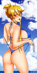 Rule 34 | 1girl, ass, beach, bikini, blonde hair, breasts, colored skin, curvy, day, female focus, from behind, highschool of the dead, huge breasts, legs, legs apart, long hair, looking at viewer, looking back, marikawa shizuka, nature, ocean, open mouth, patreon, school nurse, skindentation, smile, solo, standing, swimsuit, tenzen, thighs, tsurime, water, watermark, wedgie, white skin, wide hips, yellow eyes