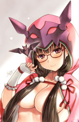Rule 34 | 1girl, artist name, bat (animal), black hair, blush, breasts, brown-framed eyewear, convenient censoring, dated, fate/grand order, fate (series), gradient background, hair bobbles, hair censor, hair ornament, hood, hood up, hoodie, large breasts, long hair, looking at viewer, low twintails, open clothes, open hoodie, osakabehime (fate), purple eyes, seiru (prairie), semi-rimless eyewear, signature, smile, solo, twintails, under-rim eyewear, upper body, very long hair