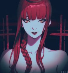 Rule 34 | 1girl, bare shoulders, blunt bangs, braid, breasts, chainsaw man, cleavage, collarbone, eyelashes, highres, lipstick, long hair, looking at viewer, makeup, makima (chainsaw man), orange eyes, parted lips, red hair, solo, zeronis