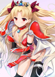 Rule 34 | 1girl, armor, asymmetrical legwear, bikini, bikini armor, blonde hair, blush, bow, breasts, cape, choker, closed mouth, commentary request, cosplay, earrings, elizabeth bathory (brave) (fate), elizabeth bathory (brave) (fate) (cosplay), elizabeth bathory (fate), ereshkigal (fate), fate/grand order, fate (series), gradient background, grey background, hair bow, highres, jewelry, ko yu, long hair, looking at viewer, over-kneehighs, oversized clothes, parted bangs, pauldrons, purple background, purple bow, red armor, red bikini, red choker, red eyes, shoulder armor, single over-kneehigh, single thighhigh, small breasts, solo, string bikini, sweat, swimsuit, thighhighs, tiara, tohsaka rin, two side up, uneven legwear, vambraces, very long hair, white cape