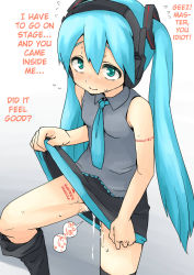 Rule 34 | 1girl, aftersex, aqua eyes, aqua hair, bad id, blush, clothes lift, cum, cum in pussy, cumdrip, female focus, hard-translated, hatsune miku, long hair, man (man-room), necktie, pussy juice, skirt, skirt lift, smile, solo, sweatdrop, thighhighs, third-party edit, translated, twintails, vocaloid