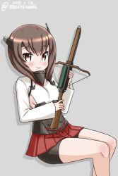 Rule 34 | 1girl, :&gt;, bike shorts, black shorts, bow (weapon), brown eyes, brown hair, crossbow, dated, feet out of frame, grey background, hair between eyes, headband, headgear, invisible chair, kantai collection, masara (chuujou), muneate, pleated skirt, red skirt, short hair, shorts, shorts under skirt, simple background, sitting, skirt, solo, taihou (kancolle), twitter username, weapon