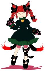 Rule 34 | 1girl, :3, ^ ^, animal ears, animal hands, bell, black footwear, black ribbon, braid, cat ears, cat paws, cat tail, closed eyes, commentary request, dress, facing viewer, fire, flame-tipped tail, full body, furukawa (yomawari), green dress, highres, kaenbyou rin, mary janes, multiple tails, red hair, ribbon, shoes, solo, tail, touhou, twin braids, two tails