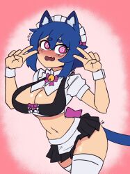 Rule 34 | 1girl, @ @, absurdres, animal ear fluff, animal ears, bell, black skirt, blue hair, blush, bow, breasts, cat ears, cat girl, cat tail, cleavage, cowboy shot, crop top, doce, double v, embarrassed, fang, female focus, freckles, hair between eyes, highres, jingle bell, large breasts, maid, maid headdress, midriff, miniskirt, navel, open mouth, original, pink background, pink bow, pink eyes, shirt, short hair, skin fang, skirt, solo, tail, thighhighs, v, white shirt, white thighhighs, wrist cuffs, xiao (docecaedrus)