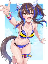 Rule 34 | 1girl, ;d, animal ears, barefoot, bead bracelet, beads, bikini, blue bikini, blue nails, bracelet, breasts, brown hair, cleavage, commentary request, daitaku helios (umamusume), fang, fingernails, hair ornament, highres, horse ears, horse girl, horse tail, jewelry, leg belt, looking at viewer, medium breasts, medium hair, multicolored hair, multicolored nails, nail polish, one eye closed, open mouth, orange nails, purple nails, smile, solo, standing, standing on one leg, star (symbol), star hair ornament, swimsuit, tail, toenail polish, toenails, tsukiyuki mike, two-tone hair, umamusume