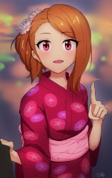 Rule 34 | 1girl, alternate costume, alternate eye color, alternate hairstyle, bad id, bad pixiv id, brown hair, flower, folded ponytail, gradient background, hair flower, hair ornament, hair up, hairband, idolmaster, idolmaster (classic), japanese clothes, kimono, long hair, looking up, minase iori, obi, open mouth, pink eyes, pointing, pointing up, sash, sketch, solo, swept bangs, yoshiwa tomo
