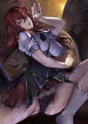 Rule 34 | 1girl, ahoge, black panties, blue eyes, breasts, covered erect nipples, cum, cum in mouth, cum on body, cum on upper body, facial, from below, hand on own hip, high school dxd, highres, kuoh academy school uniform, lace, large breasts, looking at viewer, necktie, panties, pantyshot, red hair, red skirt, rias gremory, school uniform, shimashima (simasima 23), shirt, skirt, solo, standing, thighs, underwear, upskirt, white legwear, white shirt