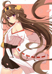 Rule 34 | 10s, 1girl, ahoge, bad id, bad pixiv id, bare shoulders, brown hair, cherry blossoms, detached sleeves, double bun, hair ornament, hairband, highres, japanese clothes, kantai collection, kongou (kancolle), long hair, nontraditional miko, personification, pink eyes, rin ateria, skirt, smile, solo