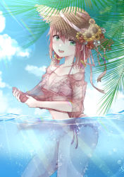 Rule 34 | 1girl, aqua eyes, artist name, artist request, bare legs, bare shoulders, bikini, blue sky, blush, bow, breasts, brown hat, cleavage, cloud, collarbone, day, female focus, flower, frilled bikini, frills, front-tie bikini top, front-tie top, green eyes, hair between eyes, hair bow, hat, hat flower, highres, holding, kurosawa ruby, looking at viewer, love live!, love live! sunshine!!, ocean, outdoors, palm tree, parted lips, rainbow, red hair, seafloor, short hair, short twintails, side-tie bikini bottom, sky, small breasts, smile, solo, straw hat, string bikini, sunlight, swimsuit, thighhighs, tree, twintails, white bikini, yellow bow, yellow flower