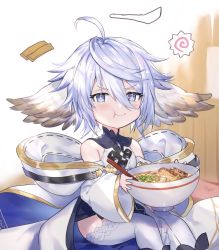 Rule 34 | 1girl, :t, ahoge, animal ears, blue eyes, blue hair, blush, bowl, chinese spoon, chopsticks, closed mouth, detached sleeves, dress, eating, feet out of frame, food, granblue fantasy, highres, holding, holding bowl, kamaboko, menma, narutomaki, noodles, ramen, shiromimin, short hair, sleeveless, sleeveless dress, smile, solo, symbol-shaped pupils, thighhighs, v-shaped eyebrows, wamdus (granblue fantasy), white thighhighs