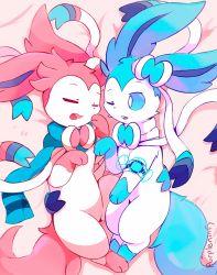 Rule 34 | ;o, alternate color, artist name, blue fur, blue scarf, bow, closed eyes, commission, creatures (company), feet together, game freak, gen 6 pokemon, highres, lying, nintendo, no humans, on bed, on side, one eye closed, pink blanket, pink fur, pointy ears, pokemon, pokemon (creature), purpleninfy, ribbon, scarf, shiny pokemon, smartwatch, sylveon, tail, white fur, wristwatch