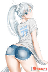 Rule 34 | 1girl, alternate costume, ass, blue eyes, blush, butt crack, casual, character name, clothes writing, denim, denim shorts, embarrassed, from behind, hair between eyes, highres, kimmy77, legs, long hair, looking at viewer, looking back, ponytail, rwby, scar, scar across eye, scar on face, shiny skin, shirt, shirt tug, short shorts, short sleeves, shorts, side ponytail, simple background, solo, standing, t-shirt, very long hair, wavy mouth, weiss schnee, white background, white shirt