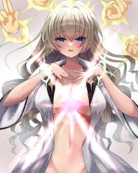 Rule 34 | 1girl, blonde hair, blue eyes, blush, breasts, crown (naked king) (nikke), crown (nikke), diadem, disembodied hand, drill hair, goddess of victory: nikke, hair ornament, headgear, large breasts, long hair, miatanganbar4, open clothes, open shirt, shirt, solo, white shirt