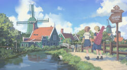 Rule 34 | 2girls, black footwear, black ribbon, blonde hair, blue dress, blue skirt, blue sky, boots, bridge, brown hair, bush, cloud, commentary request, day, dress, facing away, from behind, grass, guitar case, hair ribbon, highres, house, hyxifeng, instrument case, looking at another, looking to the side, medium hair, multiple girls, original, outdoors, pleated skirt, railing, ribbon, sailor collar, scenery, school uniform, shirt, shoes, short hair, short sleeves, sign, skirt, sky, socks, standing, stone walkway, stream, village, walking, white sailor collar, white shirt, white socks, windmill