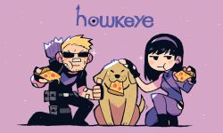 Rule 34 | 1boy, 1girl, arrow (projectile), bare shoulders, black footwear, black hair, black shirt, blonde hair, boots, clint barton, copyright name, dog, facial hair, fingerless gloves, food, full body, gloves, golden retriever, hawkeye (marvel), headband, highres, holding, holding food, holding pizza, kate bishop, marvel, on one knee, petting, pizza, purple background, rariatto (ganguri), shirt, sunglasses, weapon