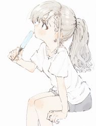 Rule 34 | 1girl, alternate hairstyle, arm support, blue eyes, blush, braid, commentary request, earrings, food, grey hair, highres, hisakawa hayate, holding, holding food, idolmaster, idolmaster cinderella girls, jewelry, licking, long hair, ponytail, popsicle, profile, shirt, shorts, simple background, sitting, solo, sweat, t-shirt, tenoo12, tongue, tongue out, white background, white shirt