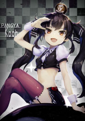 Rule 34 | 1girl, :d, arm up, black hair, blush, bomb, breasts, brown eyes, checkered background, cropped shirt, cropped vest, crossed legs, explosive, fang, garter straps, kooh, long hair, looking at viewer, midriff, miniskirt, minutachi, open mouth, pangya, puffy short sleeves, puffy sleeves, purple thighhighs, revision, short sleeves, sitting, skirt, small breasts, smile, solo, thighhighs, twintails, very long hair, vest, wrist cuffs, zettai ryouiki