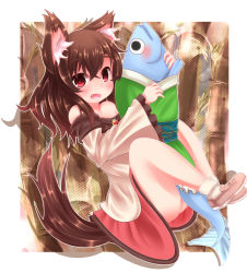 Rule 34 | 1girl, akatsuki no guuru, animal ears, animalization, blush, brooch, brown hair, dress, fish, highres, imaizumi kagerou, jewelry, long hair, long sleeves, open mouth, red eyes, revision, smile, solo, tail, touhou, wakasagihime, wakasagihime (fish), wolf ears, wolf tail