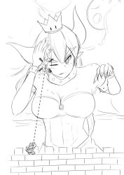 Rule 34 | 1girl, 2boys, annoyed, baby mario, blonde hair, bowsette, breasts, castle, crown, giant, giantess, giga bowser, greyscale, horns, large breasts, lineart, mario, medium breasts, monochrome, multiple boys, one eye closed, outdoors, running bond, size difference, sketch, super crown, yoshi, yoshi&#039;s island